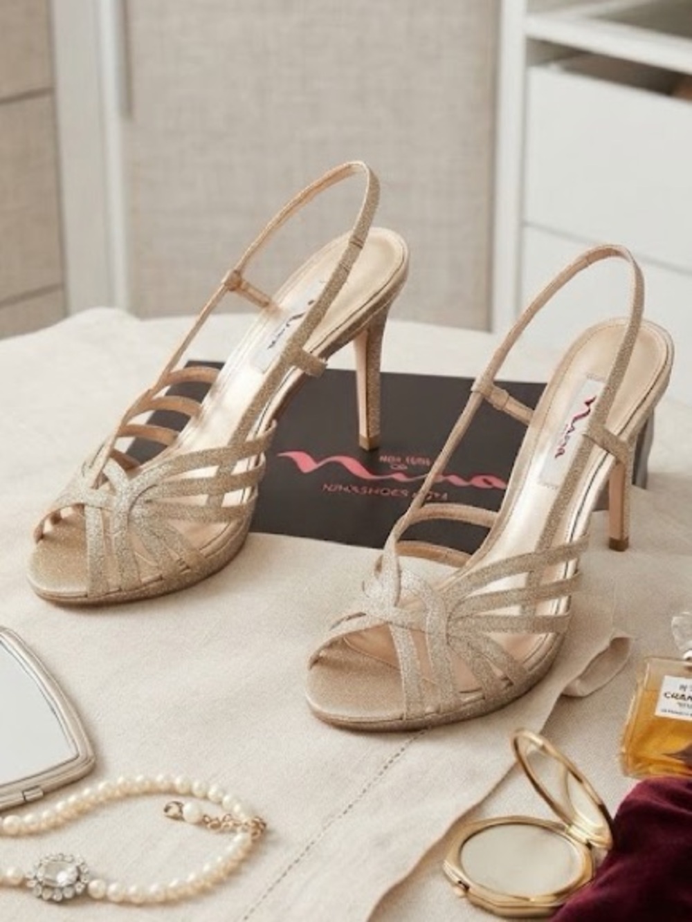 Nina Shimmering Gold Strappy Heels